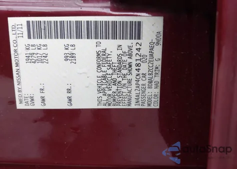 2012 Nissan Altima 2.5 S from USA, damaged, VIN 1N4AL2AP4CN481242